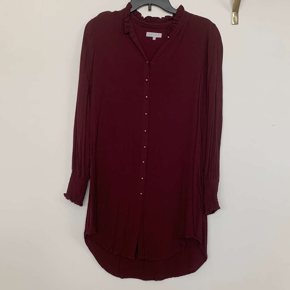 Garnet / burgundy long sleeve dress with gold buttons